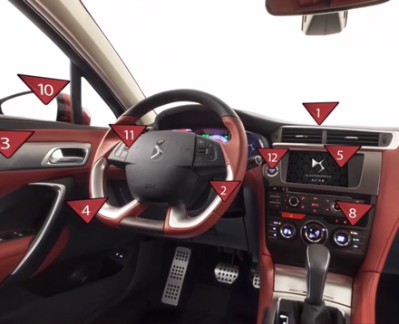 Ein VR Training in einem Web-Browser zeigt den Innenraum eines DS Automobiles mit verschiedenen Hotspots.